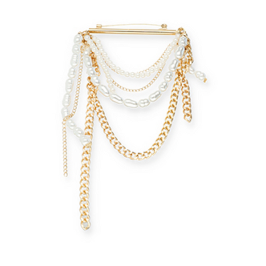Broche barre avec chaîne et perles Doré-blanc